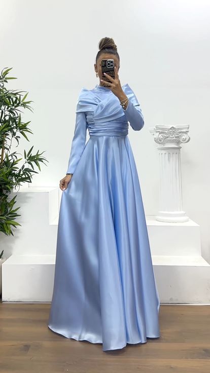 Mavi Saten Tesettür Abiye Elbise