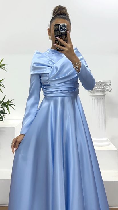Mavi Saten Tesettür Abiye Elbise