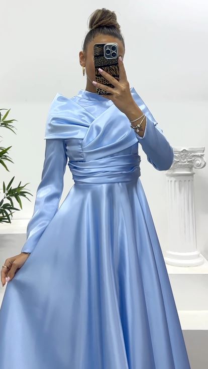 Mavi Saten Tesettür Abiye Elbise