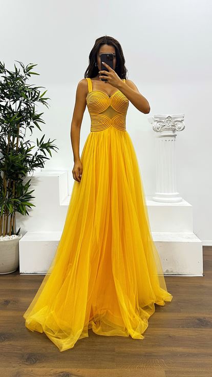 Safran Askılı Tül Abiye Elbise