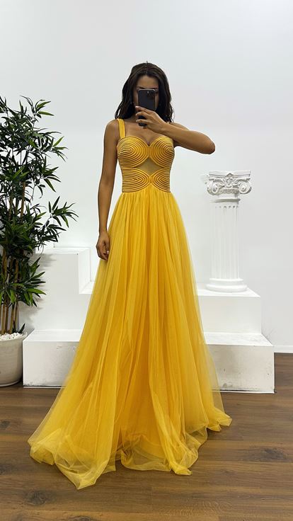 Safran Askılı Tül Abiye Elbise