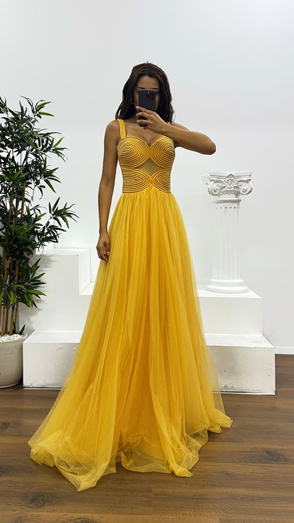 Safran Askılı Tül Abiye Elbise