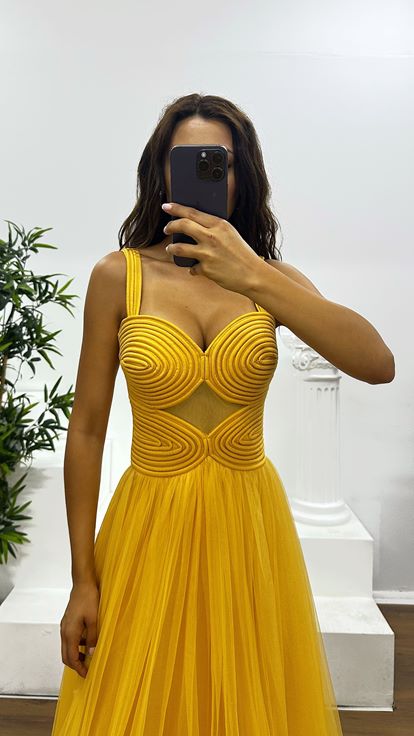 Safran Askılı Tül Abiye Elbise