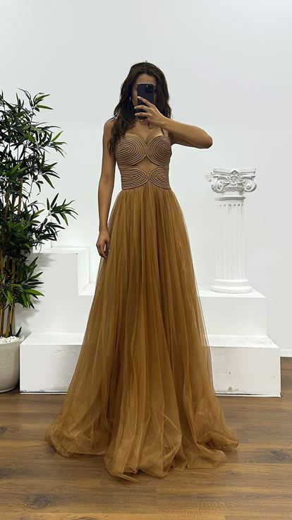 Vizon Askılı Tül Abiye Elbise