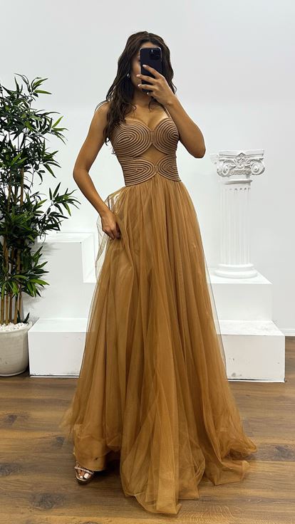 Vizon Askılı Tül Abiye Elbise