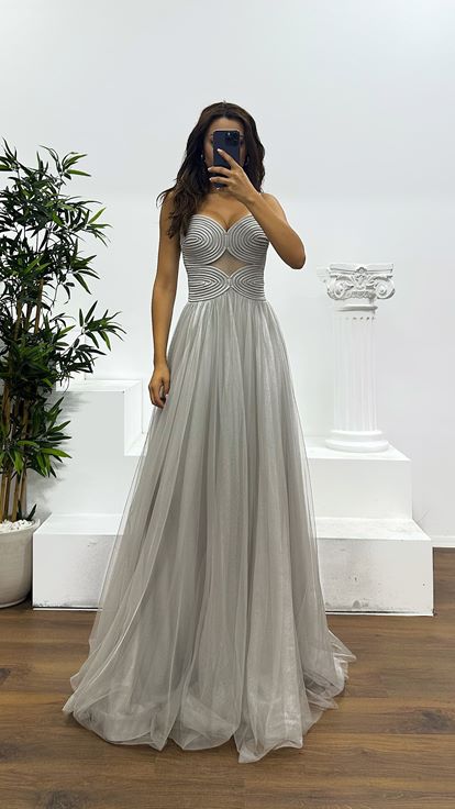 Ten Askılı Tül Abiye Elbise