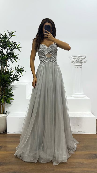 Ten Askılı Tül Abiye Elbise