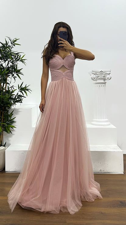 Pudra Askılı Tül Abiye Elbise