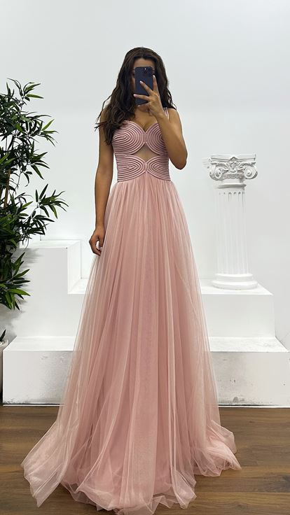 Pudra Askılı Tül Abiye Elbise