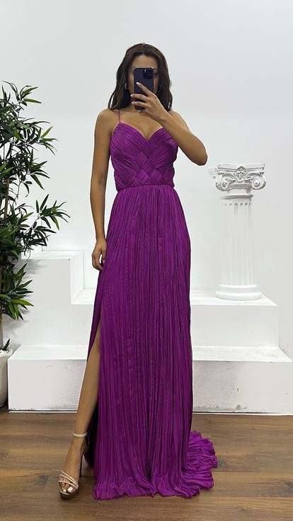 Fuşya İp Askılı Piliseli Abiye Elbise