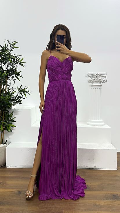 Fuşya İp Askılı Piliseli Abiye Elbise