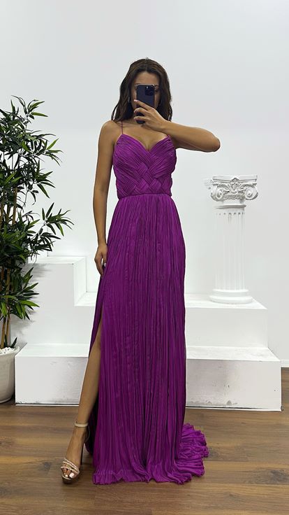 Fuşya İp Askılı Piliseli Abiye Elbise