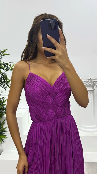 Fuşya İp Askılı Piliseli Abiye Elbise