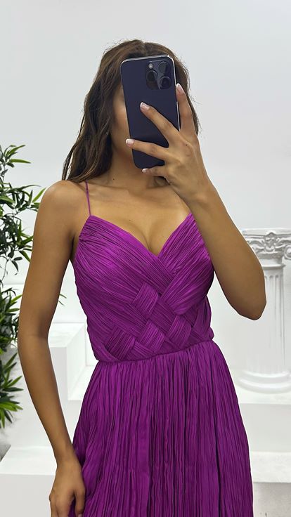 Fuşya İp Askılı Piliseli Abiye Elbise