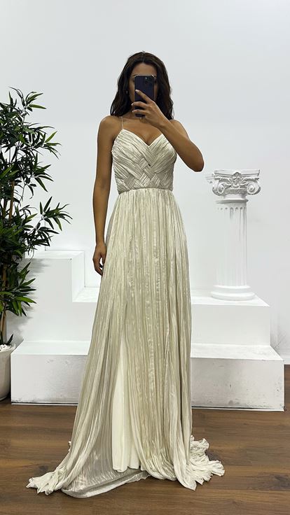 Kemik Gold İp Askılı Piliseli Abiye Elbise