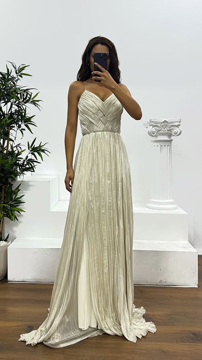 Kemik Gold İp Askılı Piliseli Abiye Elbise