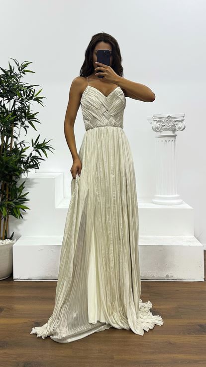 Kemik Gold İp Askılı Piliseli Abiye Elbise