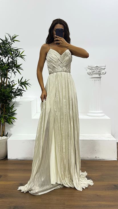 Kemik Gold İp Askılı Piliseli Abiye Elbise