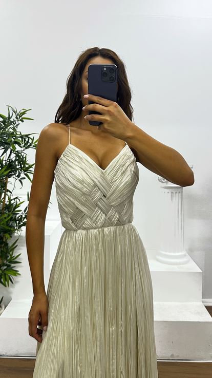 Kemik Gold İp Askılı Piliseli Abiye Elbise