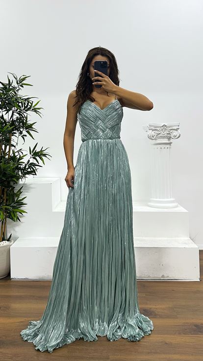 Firuze İp Askılı Piliseli Abiye Elbise