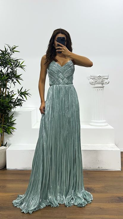 Firuze İp Askılı Piliseli Abiye Elbise