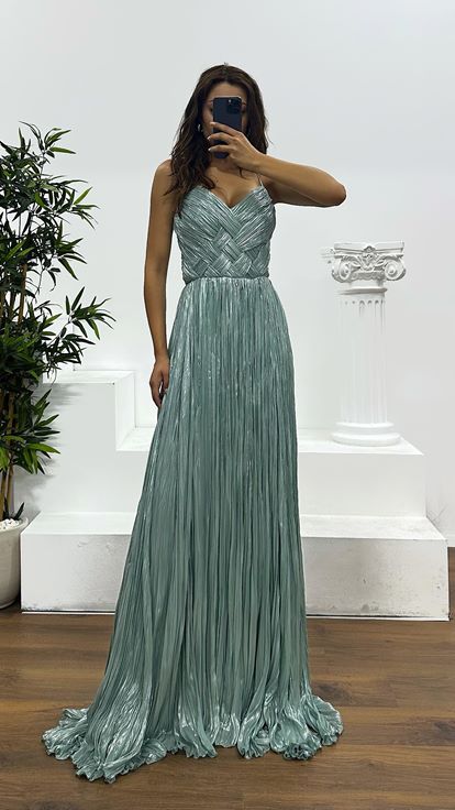 Firuze İp Askılı Piliseli Abiye Elbise