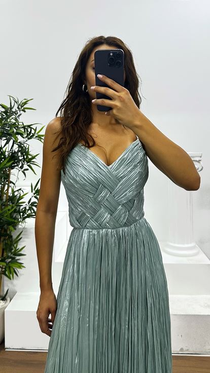 Firuze İp Askılı Piliseli Abiye Elbise