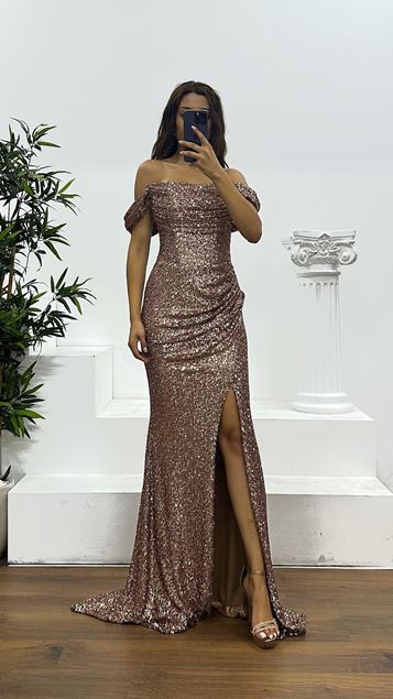 Kahve Boncuk İşlemeli Abiye Elbise