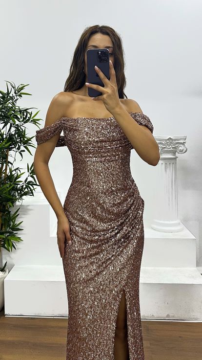 Kahve Boncuk İşlemeli Abiye Elbise