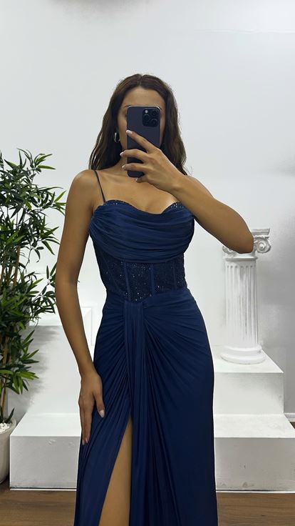 Lacivert İp Askılı Jan Jan Abiye Elbise