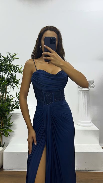 Lacivert İp Askılı Jan Jan Abiye Elbise