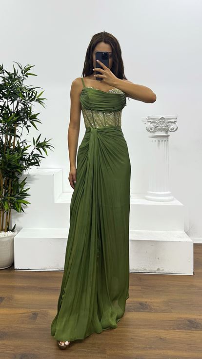 Haki İp Askılı Jan Jan Abiye Elbise