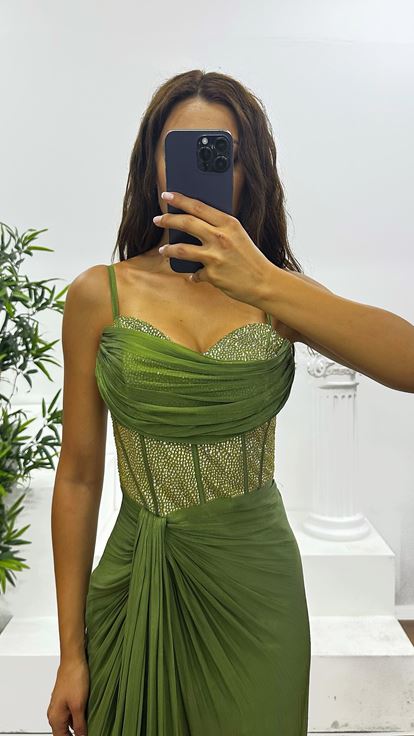 Haki İp Askılı Jan Jan Abiye Elbise