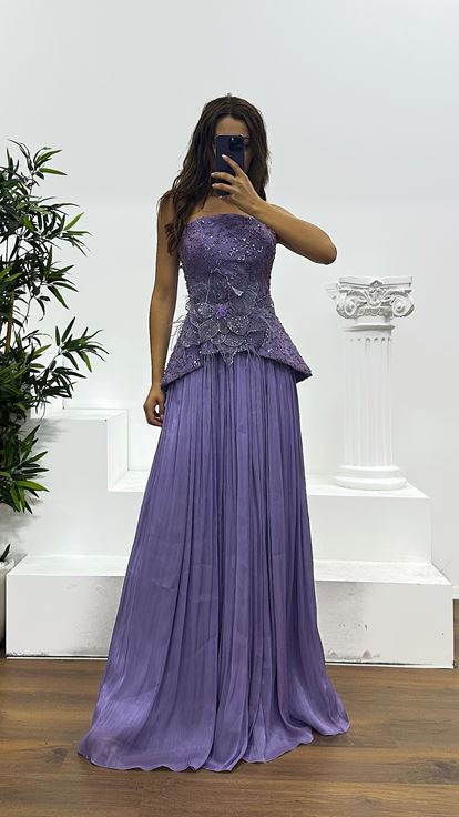 Robe de soirée plissée sans bretelles lavande