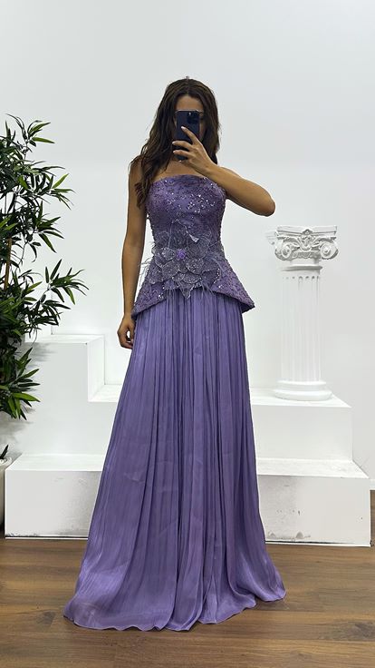 Robe de soirée plissée sans bretelles lavande