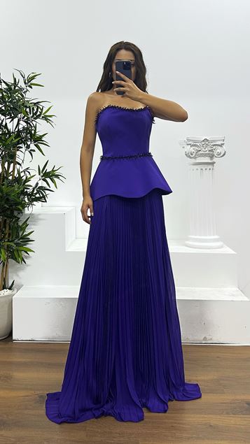 Robe de soirée plissée sans bretelles violette