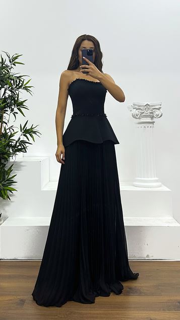 Black Strapless Pleated Evening Dress