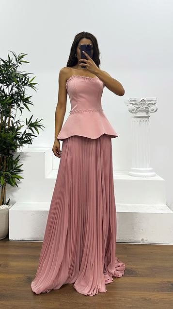Powder Strapless Pleated Evening Dress