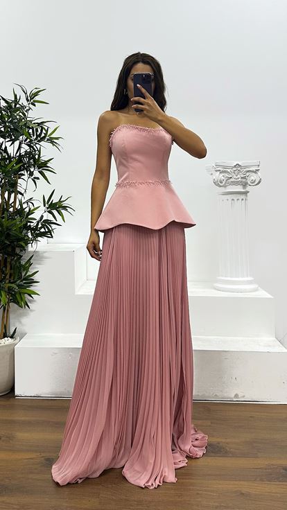 Powder Strapless Pleated Evening Dress