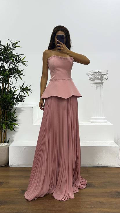 Powder Strapless Pleated Evening Dress