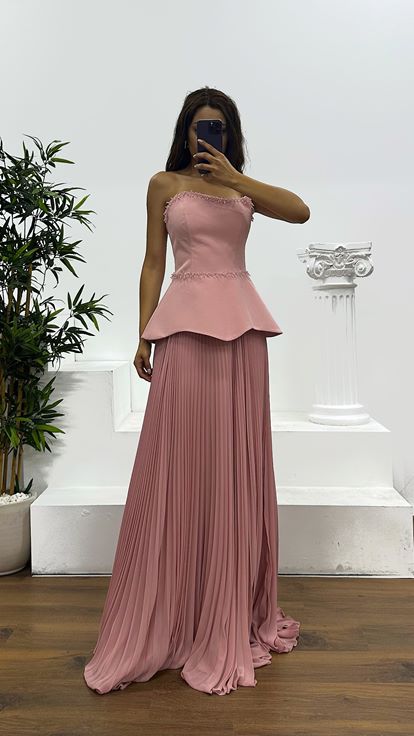 Powder Strapless Pleated Evening Dress