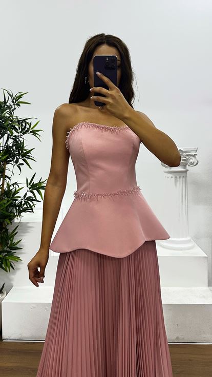 Powder Strapless Pleated Evening Dress