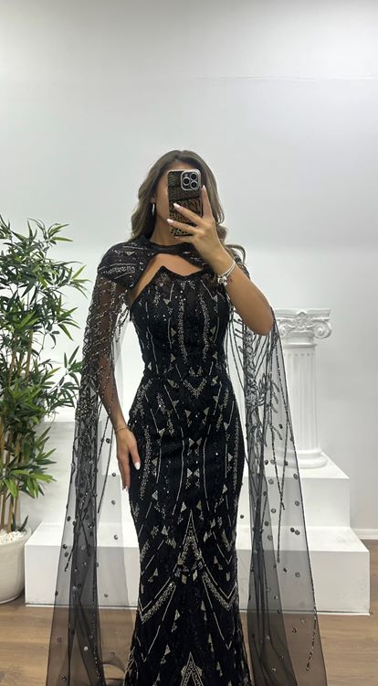Black Cape Embroidered Evening Dress