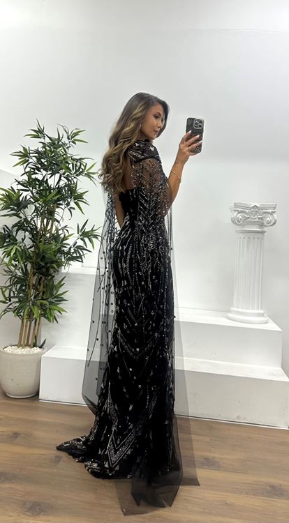 Black Cape Embroidered Evening Dress