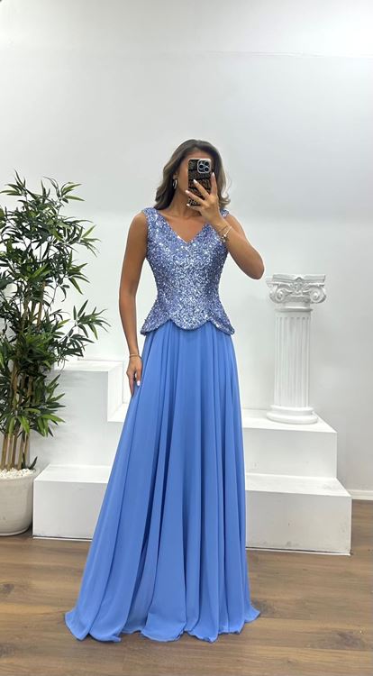 Blue V-Neck Strap Evening Dress