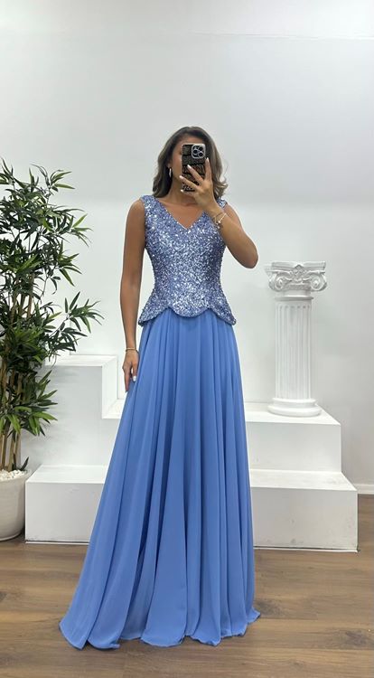 Blue V-Neck Strap Evening Dress