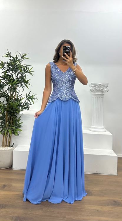 Blue V-Neck Strap Evening Dress