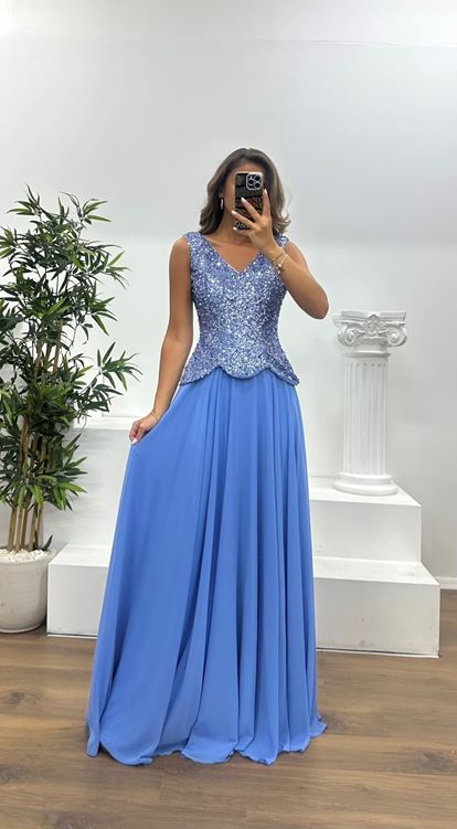 Blue V-Neck Strap Evening Dress