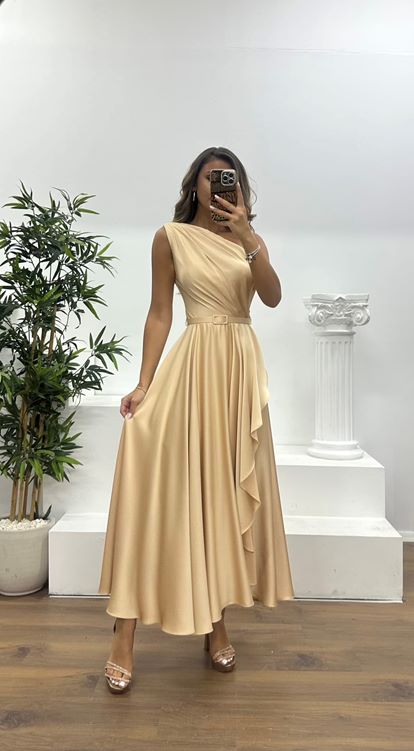 Gold Tek Omuz Midi Abiye Elbise