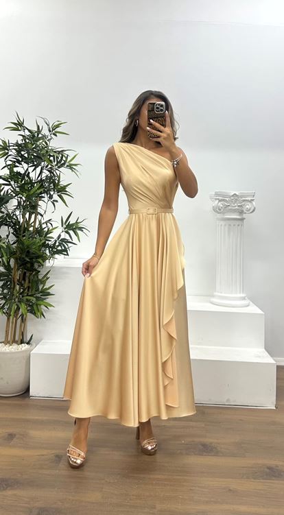 Gold Tek Omuz Midi Abiye Elbise